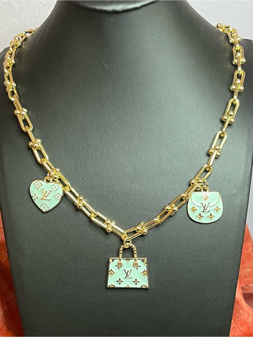 Gold Status Link Hardware Necklace w/ Mint Enamel L*V Charms 16-18”